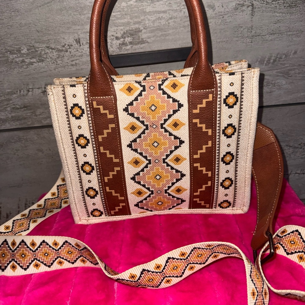 Wrangler Tan and Brown Geometric Satchel - Picture 2 of 3